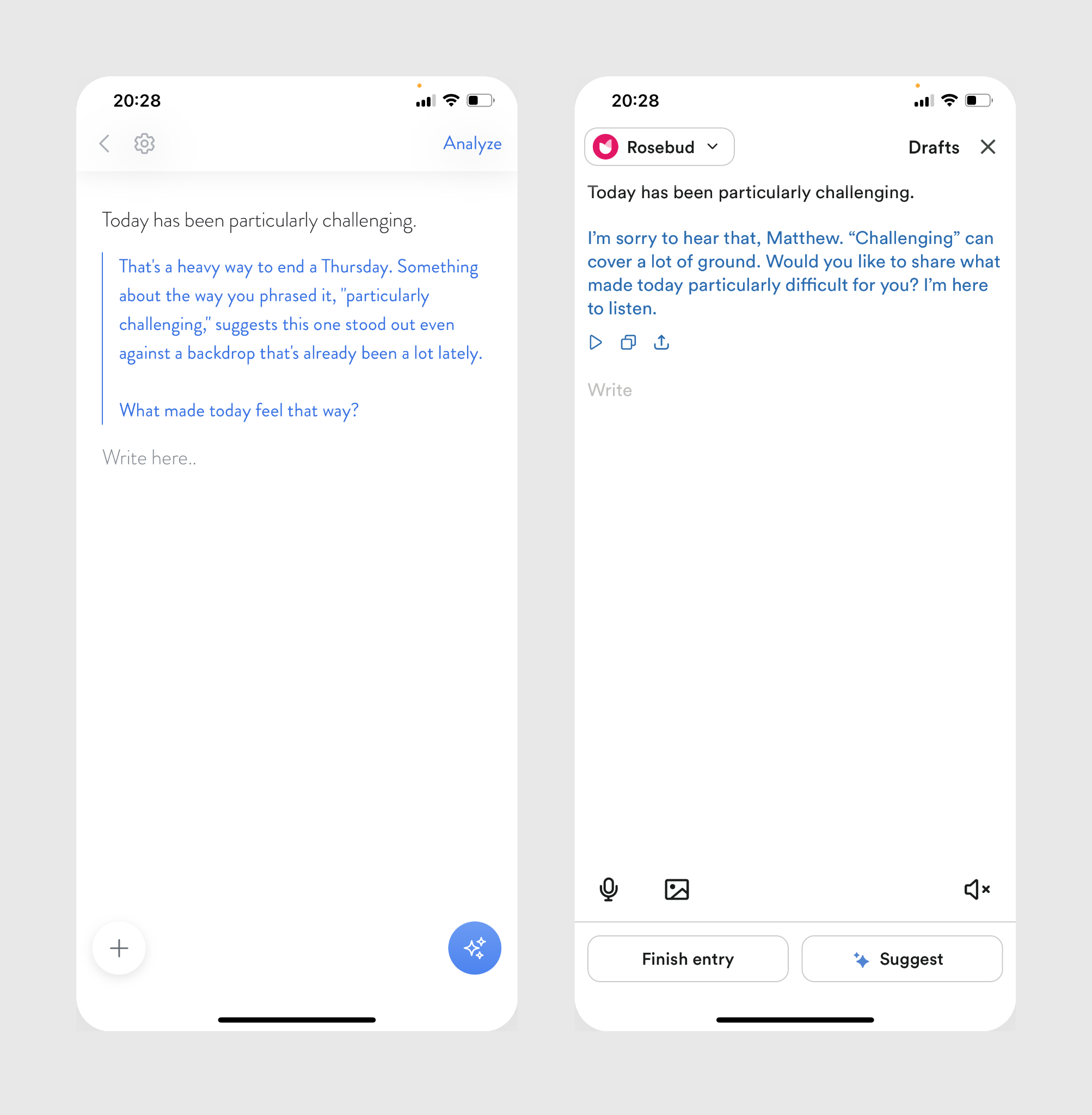 Mindsera's conversational mode compared to Rosebud's chat journaling interface