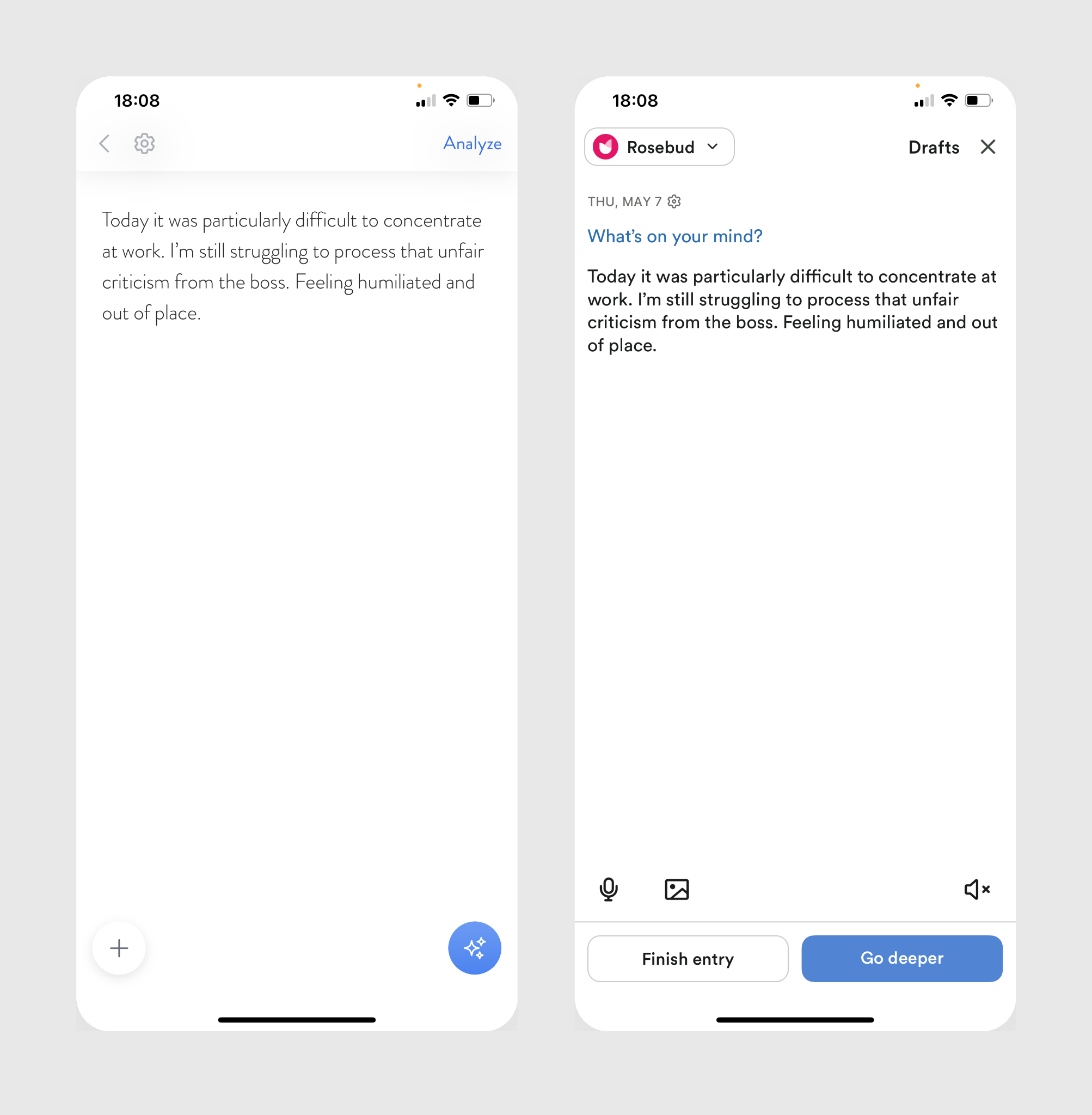 Mindsera editor vs Rosebud editor — different approaches to AI journaling