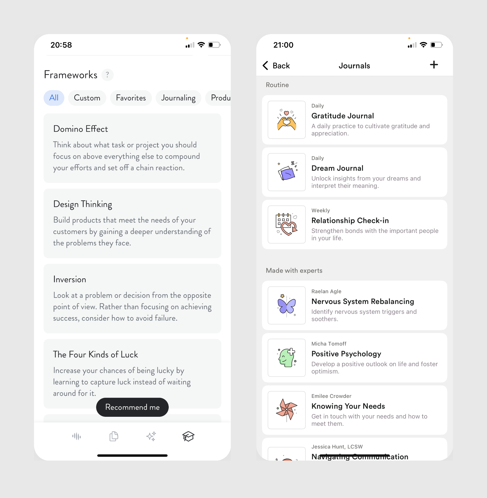 Mindsera's 50+ mental model frameworks compared to Rosebud's guided journals