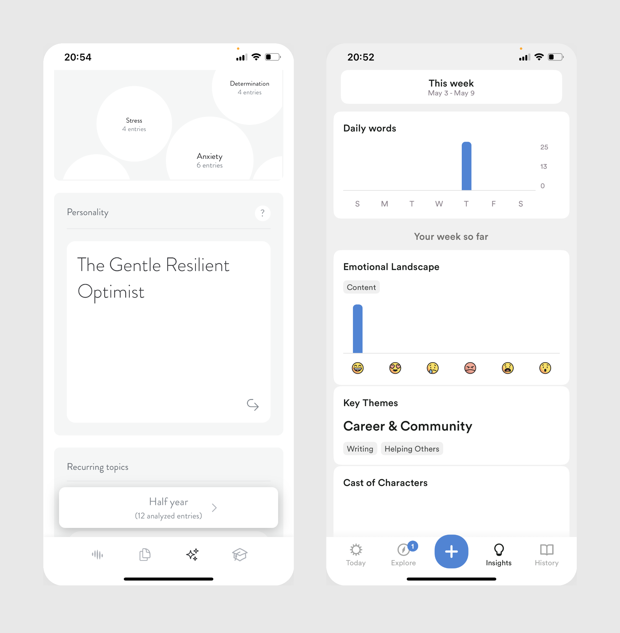 Mindsera's emotion and pattern insights compared to Rosebud's reports
