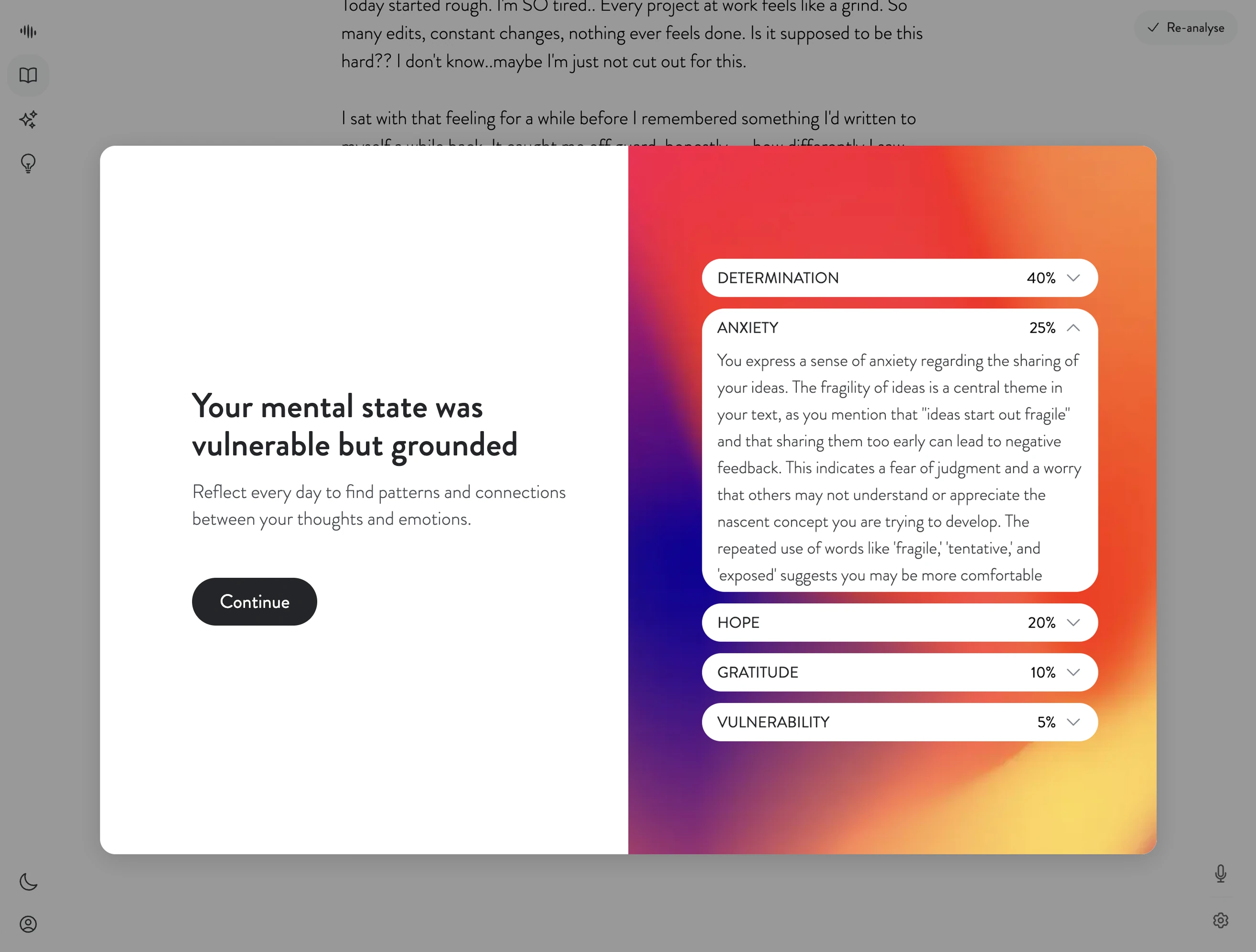 Mindsera web app showing AI analysis of thoughts