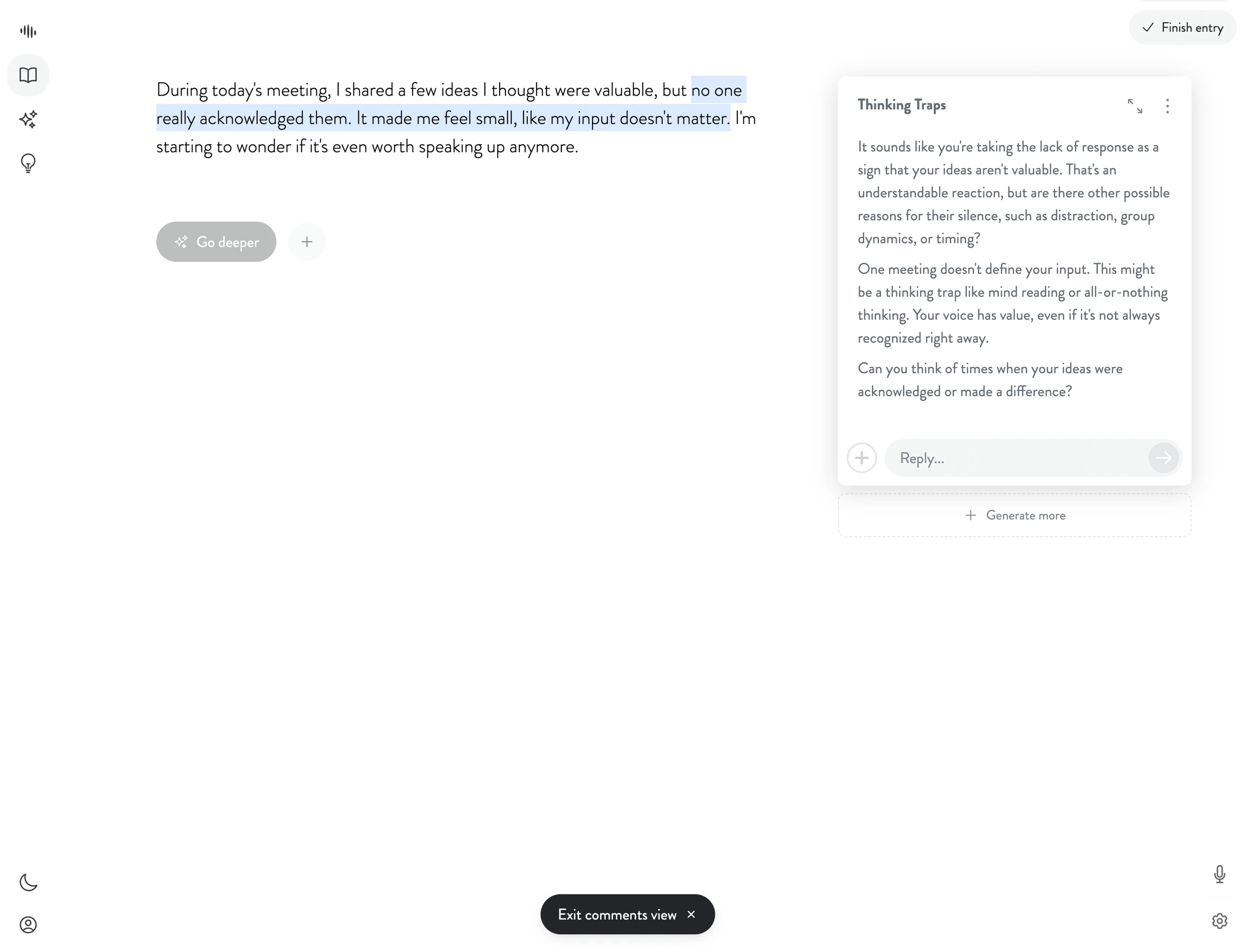 Mindsera web app showing group reflection comments